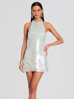 Retrofete Iridescent Bondera Sequin Halter Mini Dress - White